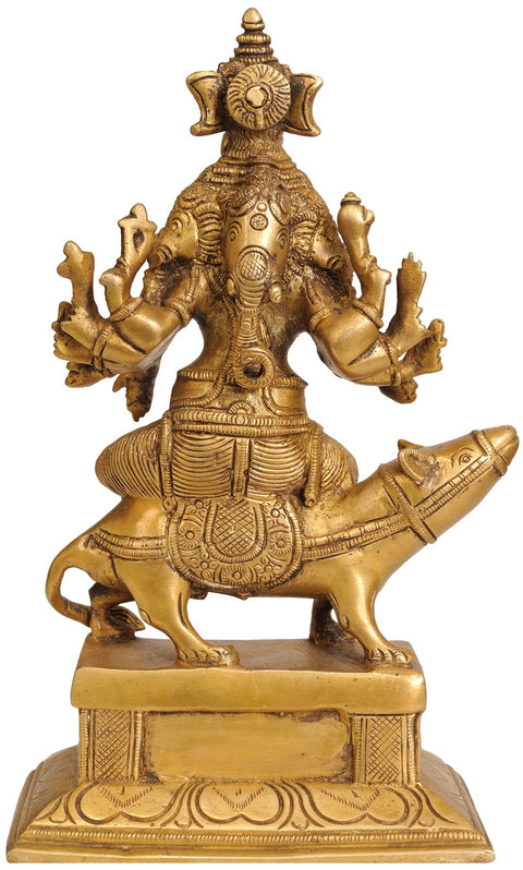 9" Five Headed Lord Ganesha Seated on His Mount In Brass | Handmade | Made In India