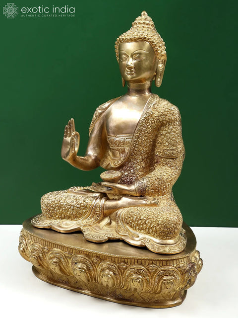 16" Shakyamuni Buddha in Teaching Mudra with Lotus on His Garment and Om Mani Padme Hum on Reverse In Brass | Handmade | Made In India