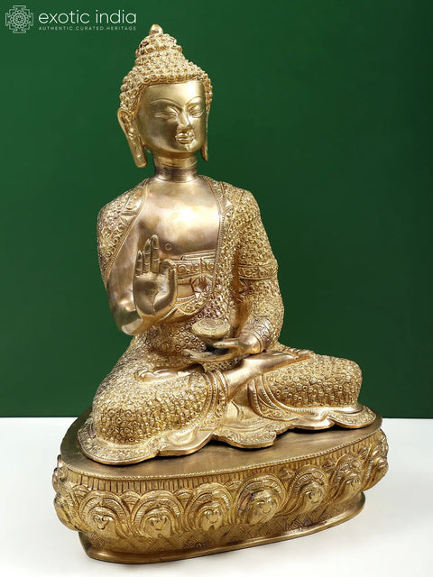 16" Shakyamuni Buddha in Teaching Mudra with Lotus on His Garment and Om Mani Padme Hum on Reverse In Brass | Handmade | Made In India