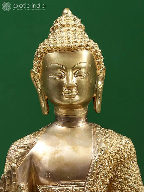 16" Shakyamuni Buddha in Teaching Mudra with Lotus on His Garment and Om Mani Padme Hum on Reverse In Brass | Handmade | Made In India