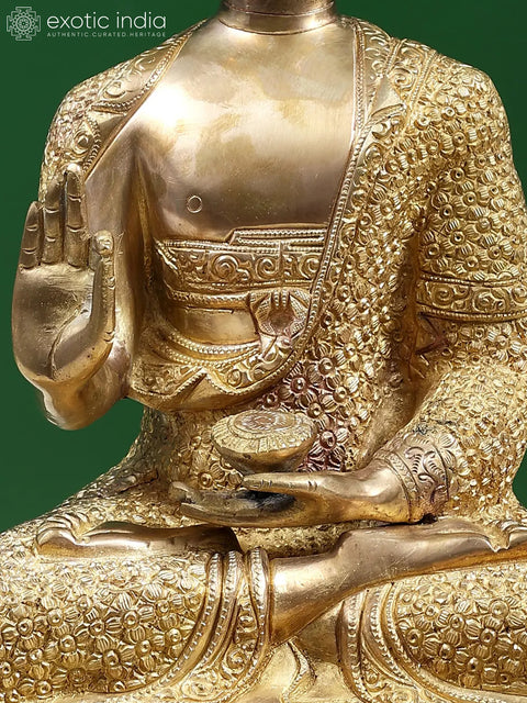 16" Shakyamuni Buddha in Teaching Mudra with Lotus on His Garment and Om Mani Padme Hum on Reverse In Brass | Handmade | Made In India