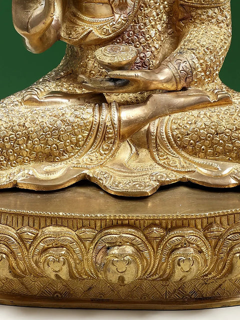 16" Shakyamuni Buddha in Teaching Mudra with Lotus on His Garment and Om Mani Padme Hum on Reverse In Brass | Handmade | Made In India