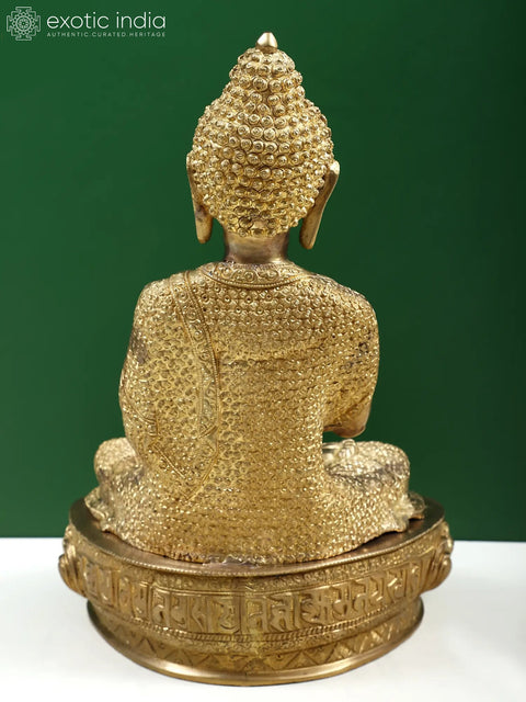 16" Shakyamuni Buddha in Teaching Mudra with Lotus on His Garment and Om Mani Padme Hum on Reverse In Brass | Handmade | Made In India