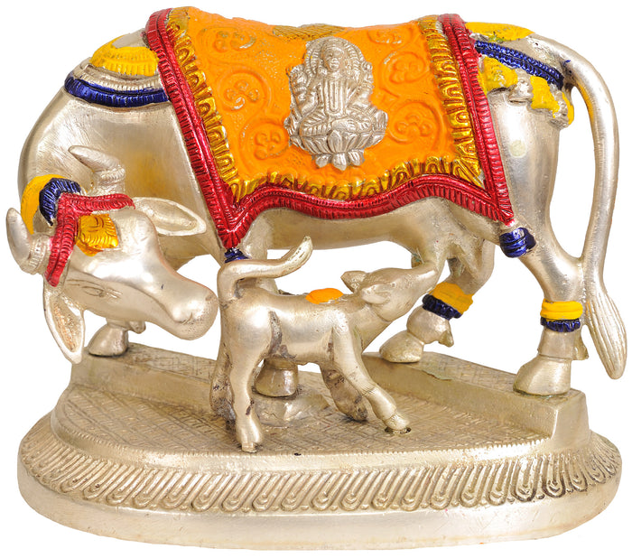 5" Brass Cow and Calf Statue with Lakshmi and Ganesha Saddle Decoration