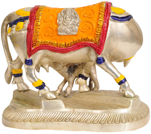 5" Cow and Calf (Saddle Decorated with Lakshmi and Ganesha) In Brass | Handmade | Made In India