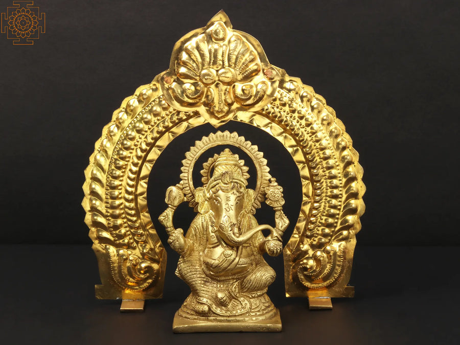 6" Lord Ganesha with Arch Brass Statue Handmade