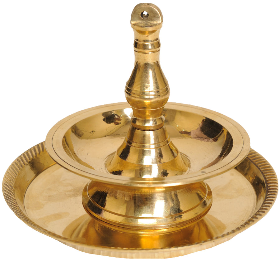 Brass Wick Lamp with Supportive Plate for Pooja