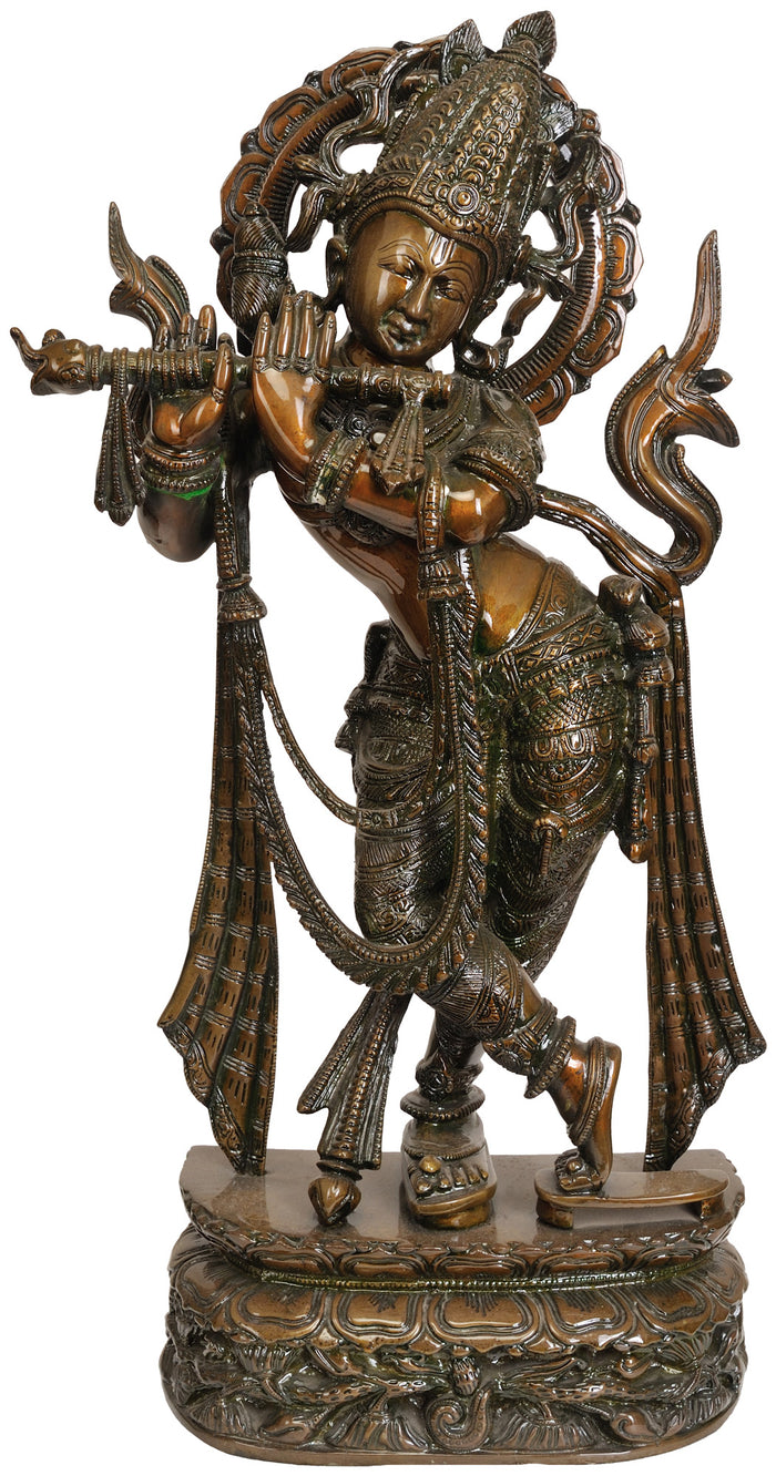 22" Large Sized Shri Krishna Playing on Flute (With Varnish Finished) In Brass | Handmade | Made In India