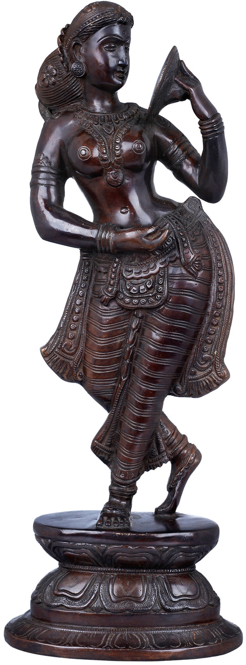 17" Sharp-Nosed Apsara Looks Into a Handheld Mirror | Handmade Brass Murti