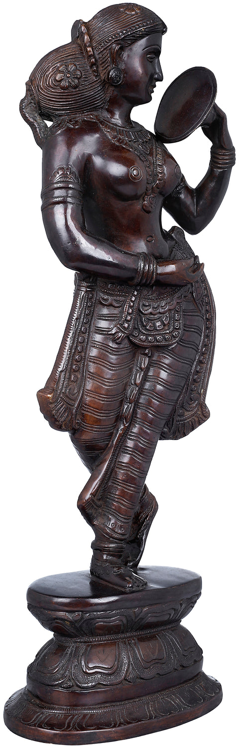 17" Sharp-Nosed Apsara Looks Into a Handheld Mirror | Handmade Brass Murti