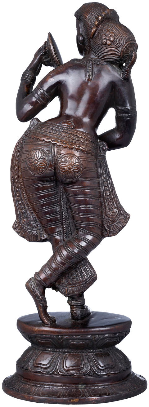 17" Sharp-Nosed Apsara Looks Into a Handheld Mirror | Handmade Brass Murti