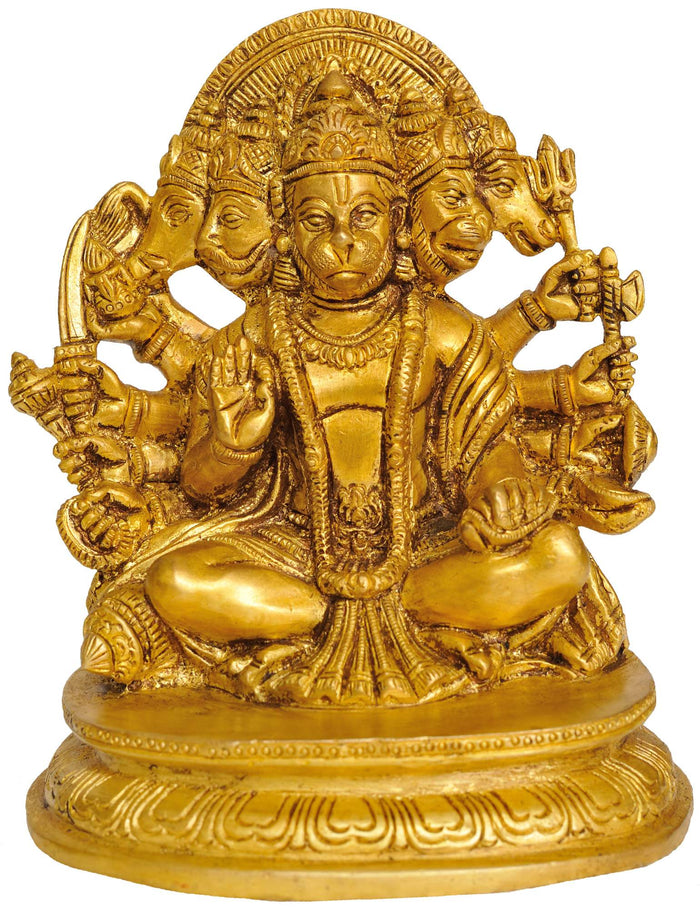 6" Five Headed Hanuman Brass Statue Handmade