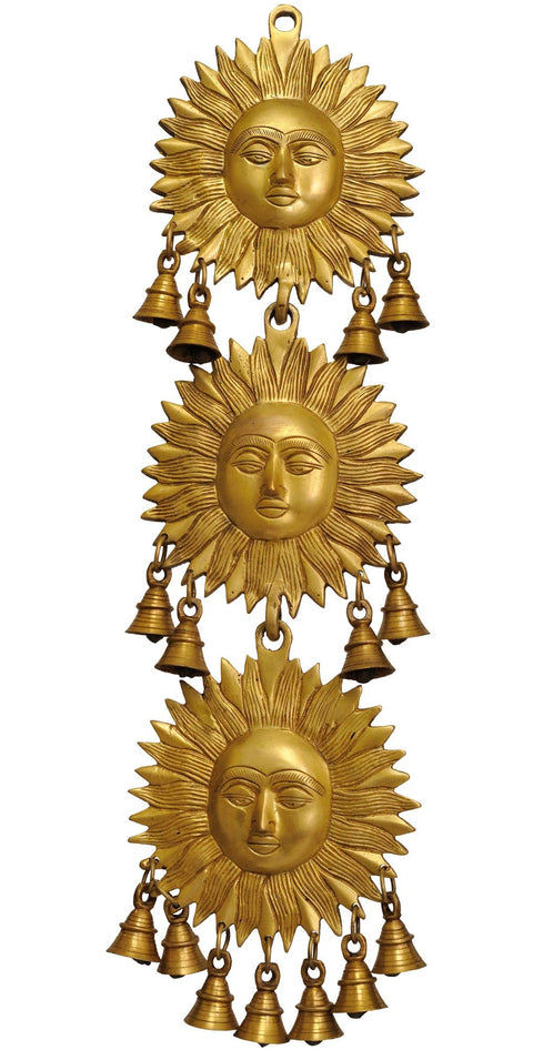 22" Triple Surya (Sun) Wall Hanging with Bells In Brass | Handmade | Made In India