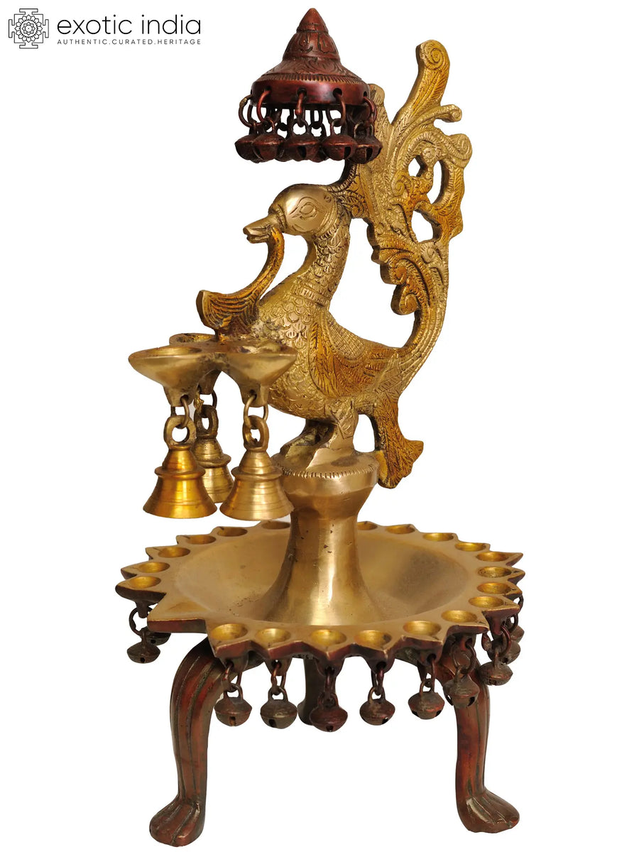 14" Brass Peacock Lamp with Ghungroos and Bells Handmade