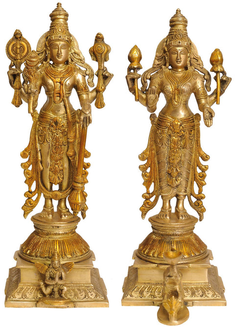 15" Lord Vishnu and Goddess Lakshmi Statue in Brass | Handmade | Made in India