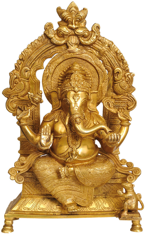10" Lord Ganesha Seated on Throne Brass Idol with Kirtimukha
