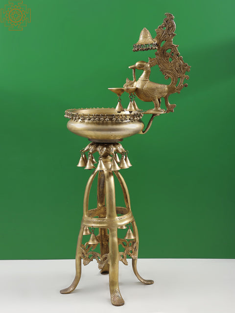 Large Size Designer Urli with Peacock Lamp and Bells | Made In India