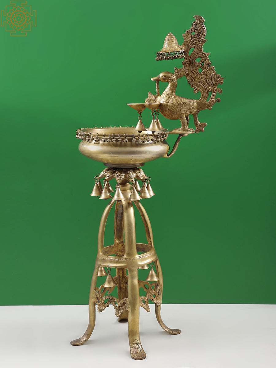 Large Designer Brass Urli with Peacock Lamp and Bells