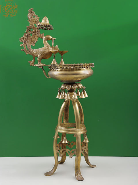 Large Size Designer Urli with Peacock Lamp and Bells | Made In India