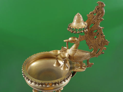 Large Size Designer Urli with Peacock Lamp and Bells | Made In India