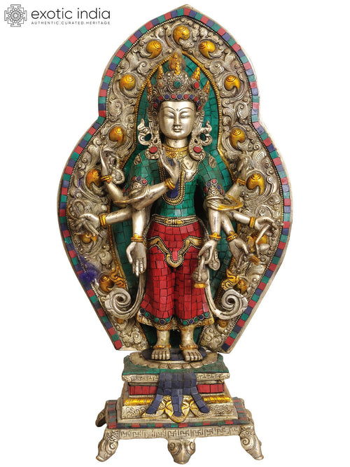20" Eight Armed Avalokiteshvara Brass Statue with Ornamented Aureole