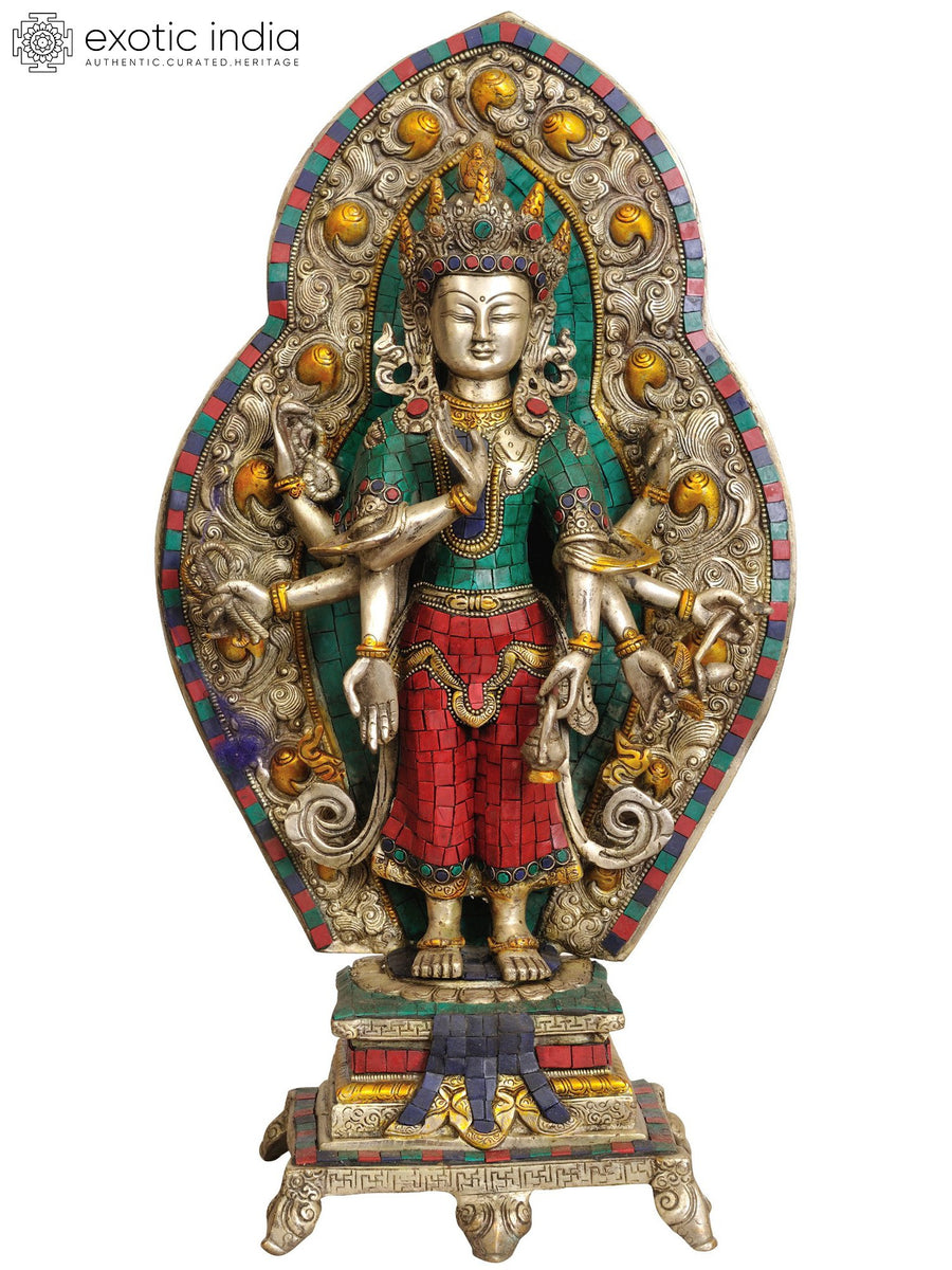 20" Eight Armed Avalokiteshvara Brass Statue with Ornamented Aureole