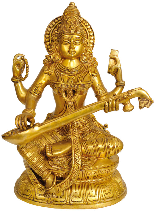15" Goddess Saraswati Seated on Lotus Brass Statue Handmade