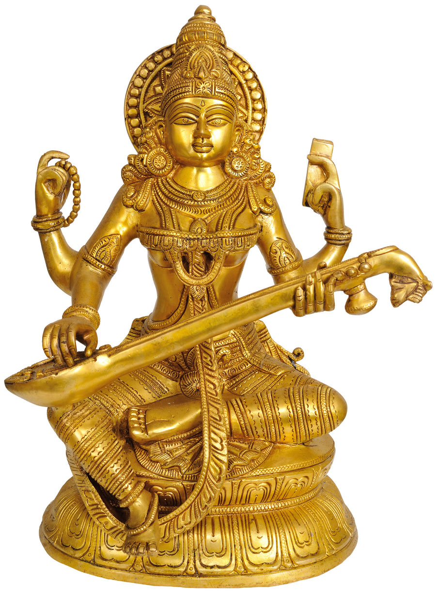 15" Goddess Saraswati Seated on Lotus Brass Statue Handmade