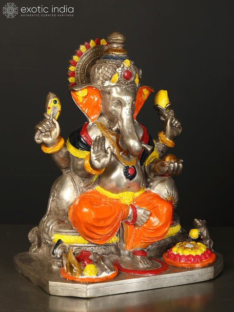 11" Lord Ganesha in Orange Dhoti | Handmade Indian Brass Idol