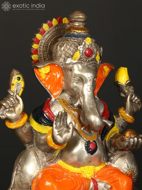11" Lord Ganesha in Orange Dhoti | Handmade Indian Brass Idol