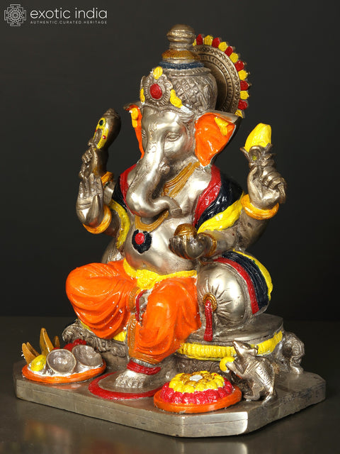 11" Lord Ganesha in Orange Dhoti | Handmade Indian Brass Idol