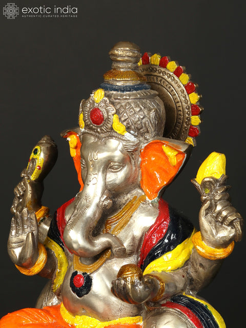 11" Lord Ganesha in Orange Dhoti | Handmade Indian Brass Idol