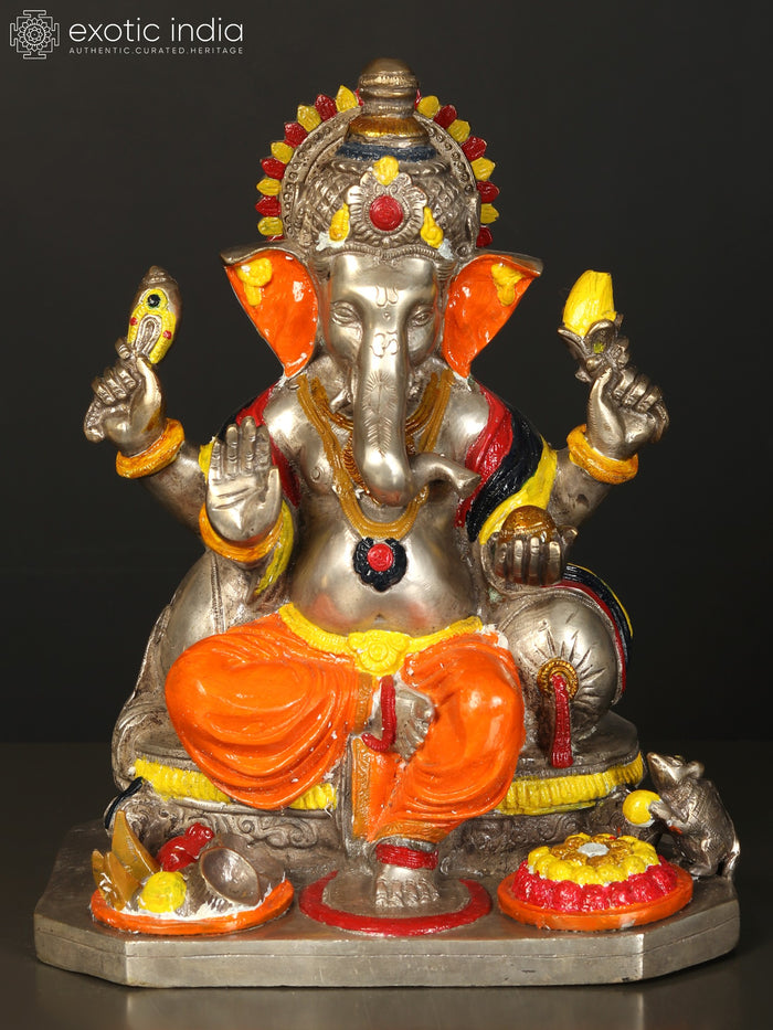 11" Handmade Lord Ganesha Brass Idol in Orange Dhoti