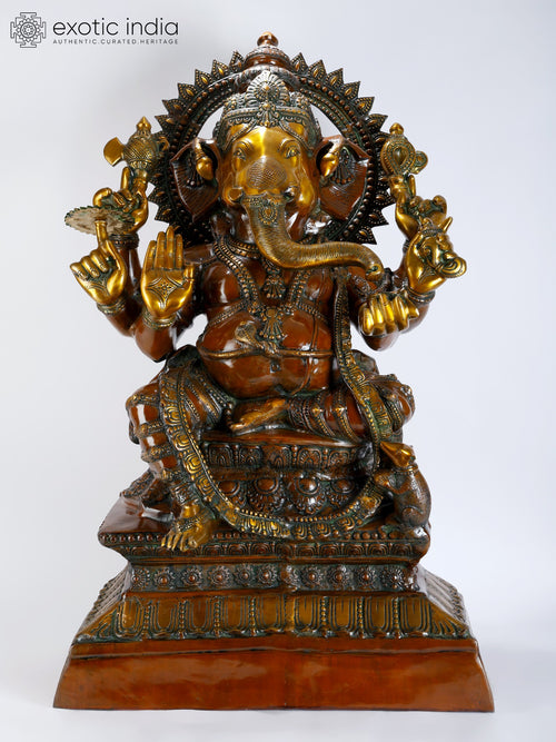 43" Handmade Lalitasana Ganesha Brass Statue with Ashirvad Mudra