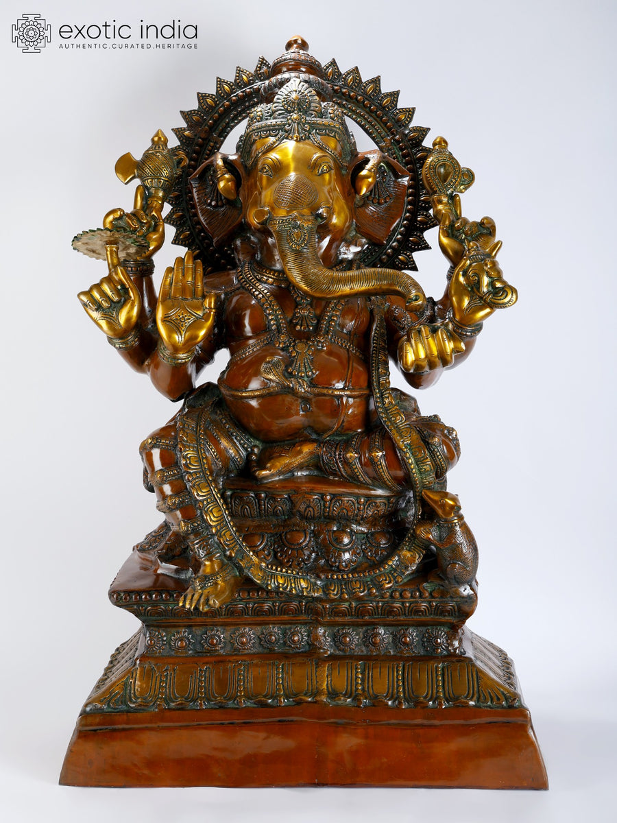43" Handmade Lalitasana Ganesha Brass Statue with Ashirvad Mudra