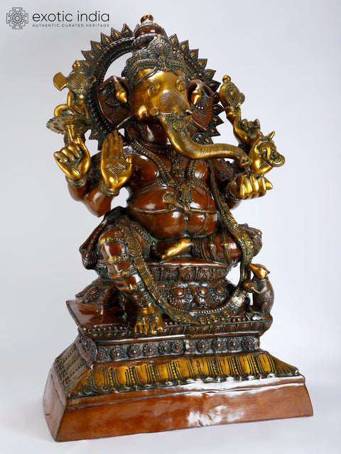 43" Large Size Lalitasana Ganesha Brass Statue in Ashirvad Mudra | Handmade Brass Idol