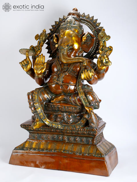 43" Large Size Lalitasana Ganesha Brass Statue in Ashirvad Mudra | Handmade Brass Idol