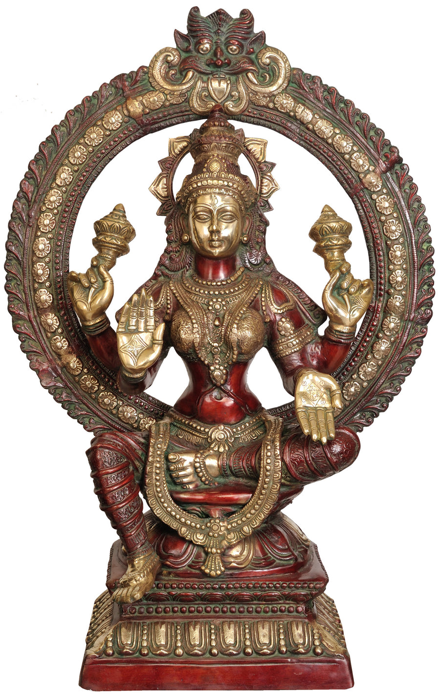 36" Goddess Lakshmi Brass Statue with Prabhavali and Kirtimukha Handmade