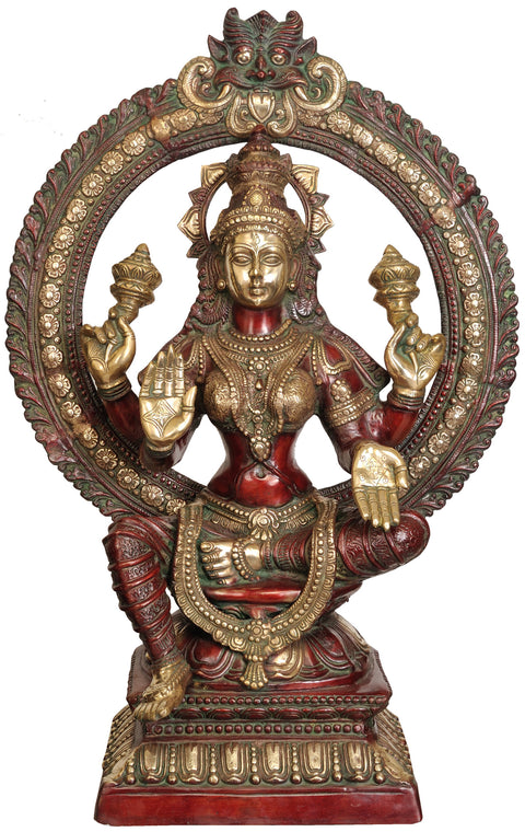 36" Large Size Goddess Lakshmi with Prabhavali and Kirtimukha Atop In Brass | Handmade | Made In India