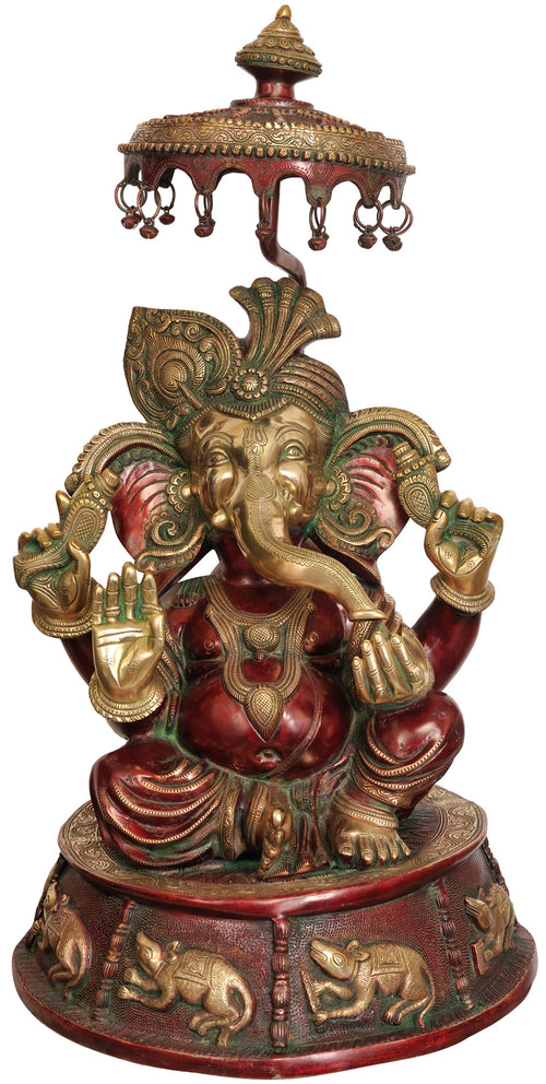 31" Large Brass Lord Ganesha with Umbrella Handmade Statue