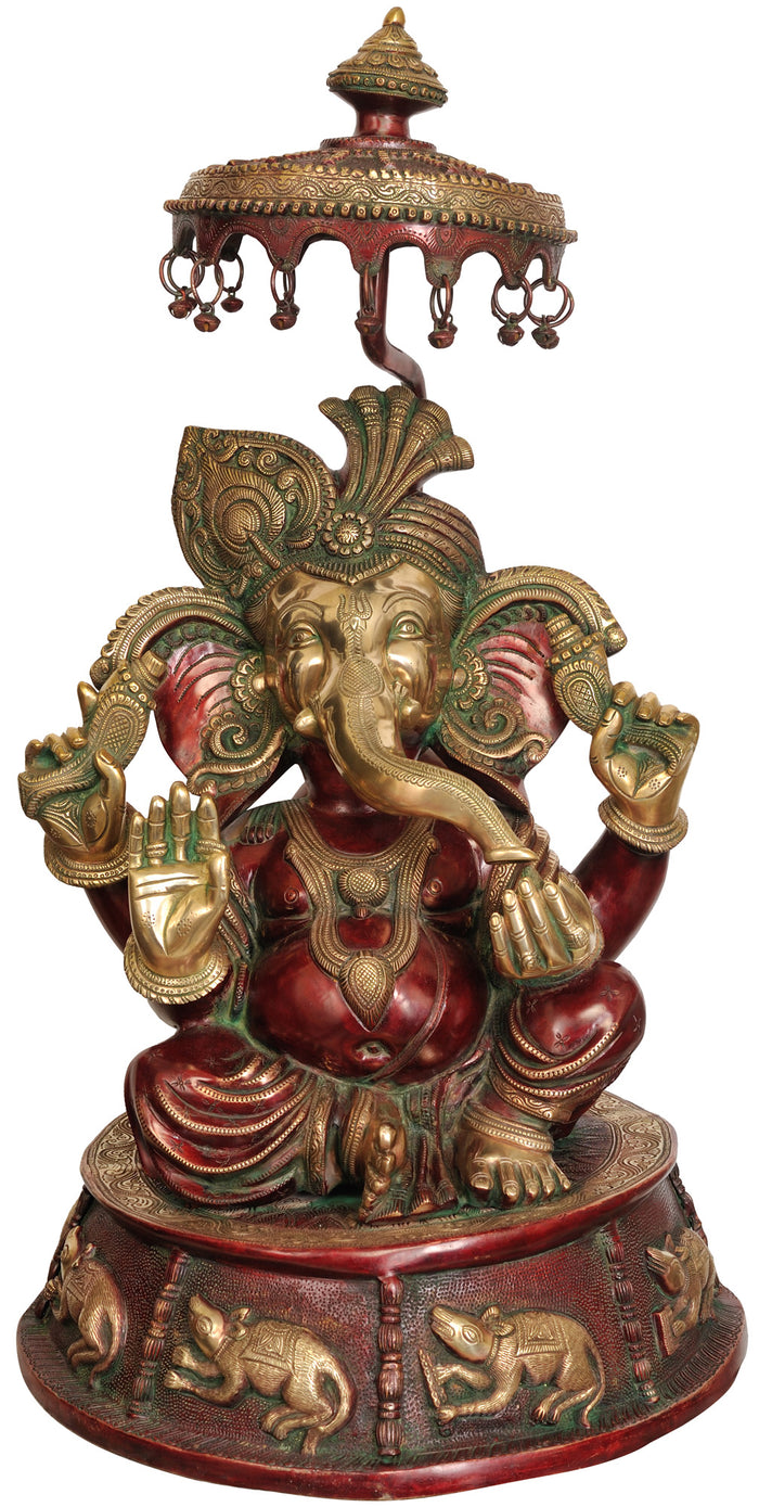 31" Large Size Lord Ganesha with Umbrella In Brass | Handmade | Made In India