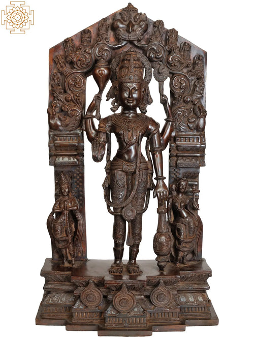 28" Large Lord Vishnu Brass Statue with Shridevi and Bhudevi Handmade
