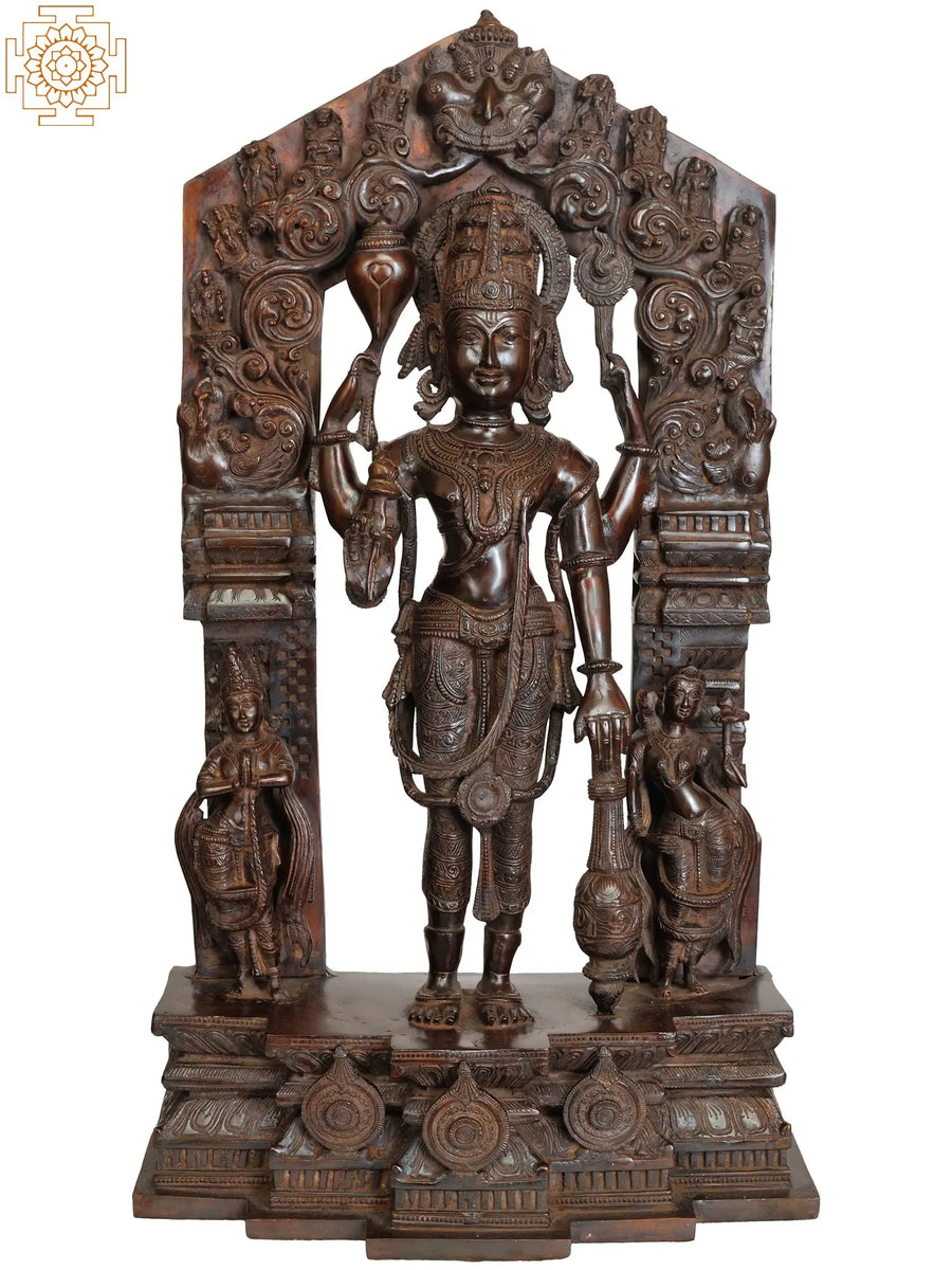 28" Large Lord Vishnu Brass Statue with Shridevi and Bhudevi Handmade
