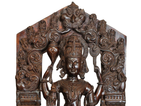 28" Large Size Lord Vishnu with Shridevi and Bhudevi (Aureole Depicting His Ten Incarnations) In Brass | Handmade | Made In India