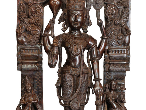 28" Large Size Lord Vishnu with Shridevi and Bhudevi (Aureole Depicting His Ten Incarnations) In Brass | Handmade | Made In India