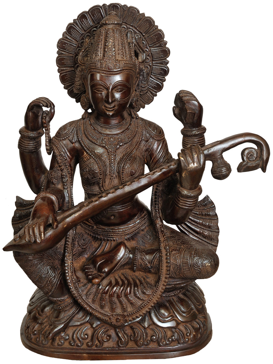 16" Handmade Goddess Saraswati Brass Idol for Home Pooja