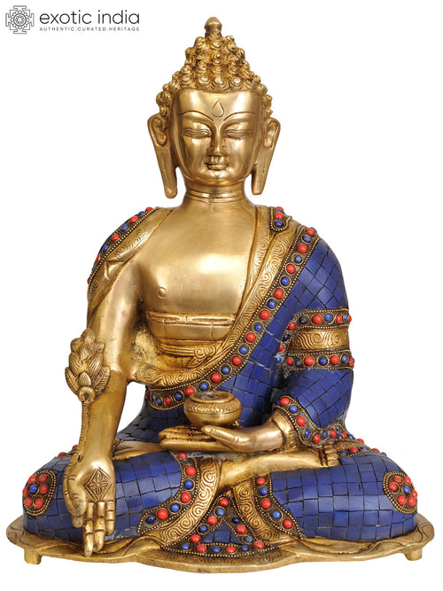 14" Brass Tibetan Buddhist Healing Buddha Statue with Lapis Inlay