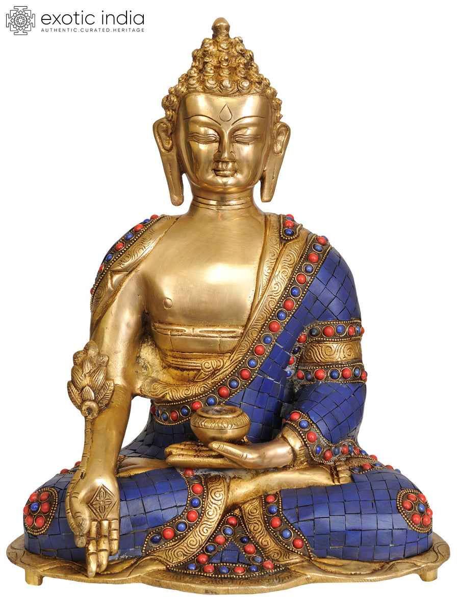 14" Brass Tibetan Buddhist Healing Buddha Statue with Lapis Inlay