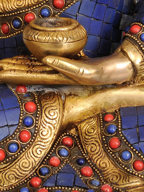 14" Tibetan Buddhist Lapis Buddha of Healing (Inlay Work) In Brass | Handmade | Made In India