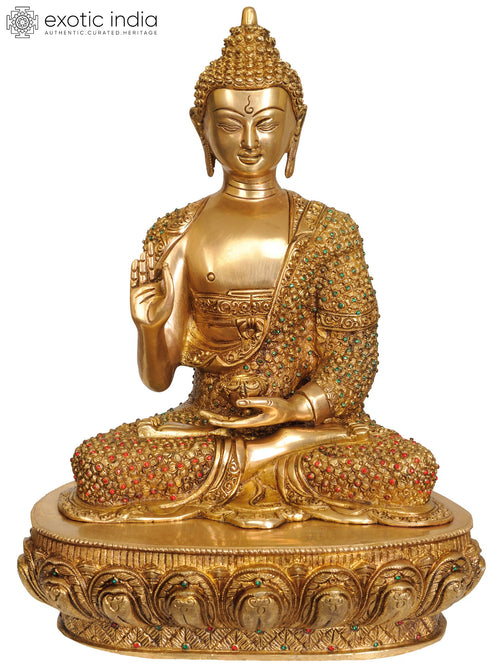 16" Handmade Tibetan Buddhist Lord Buddha Brass Statue with Stone-Decorated Robe